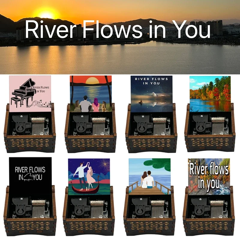 River Flows In You Silver Stainless Steel Metal Clockwork Type Movement Black Wooden Music Box Holiday Gifts for Friends