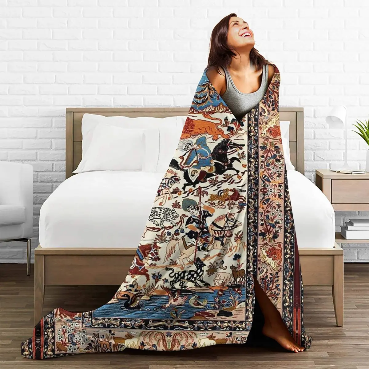 Antique Persian Isfahan Silk Rug With Flowers Animals Blankets Fleece Lightweight Throw Blankets Sofa For Home Throws Bedspread 5