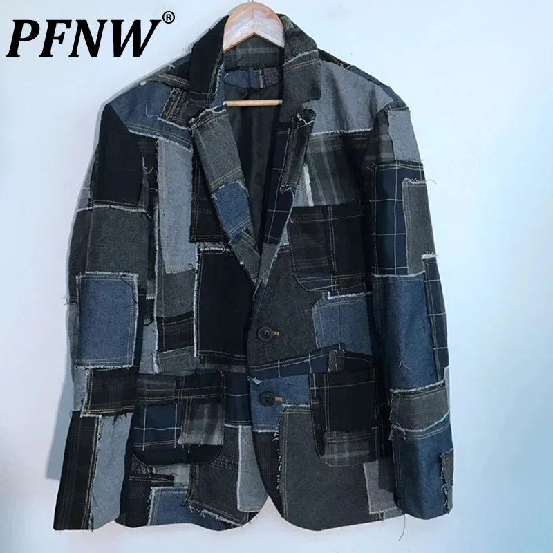 

PFNW Autumn Men's Denim Plaid Raw Edge Stitching Blazers Patchwork Design Cool Motorcycle Creativity Casual Button Coat 21Z1406