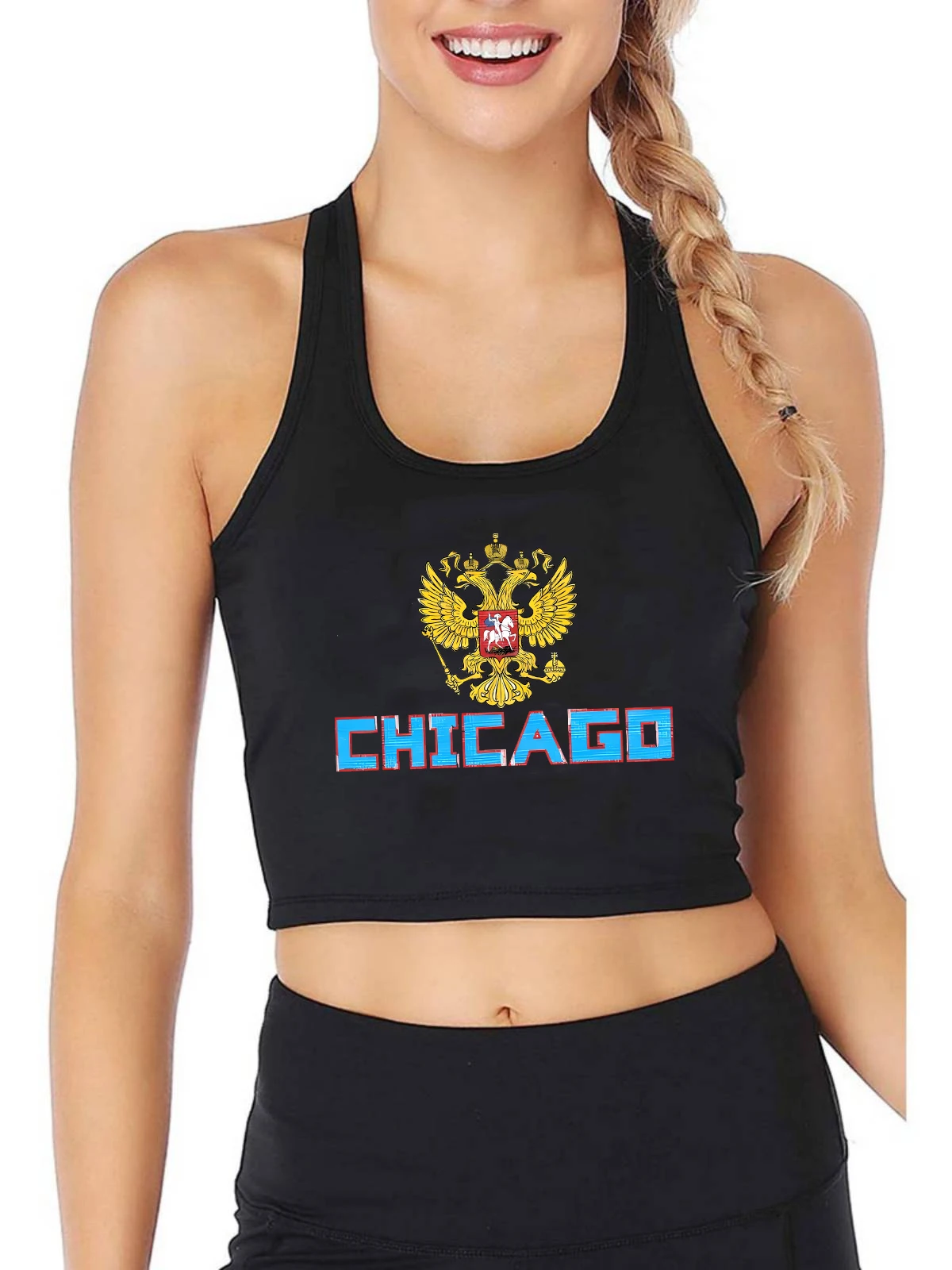 

Chicago Russian Flag Graphic Design Sexy Slim Crop Top Women's Customizable Cotton Breathable Tank Tops Leisure Sports Camisole