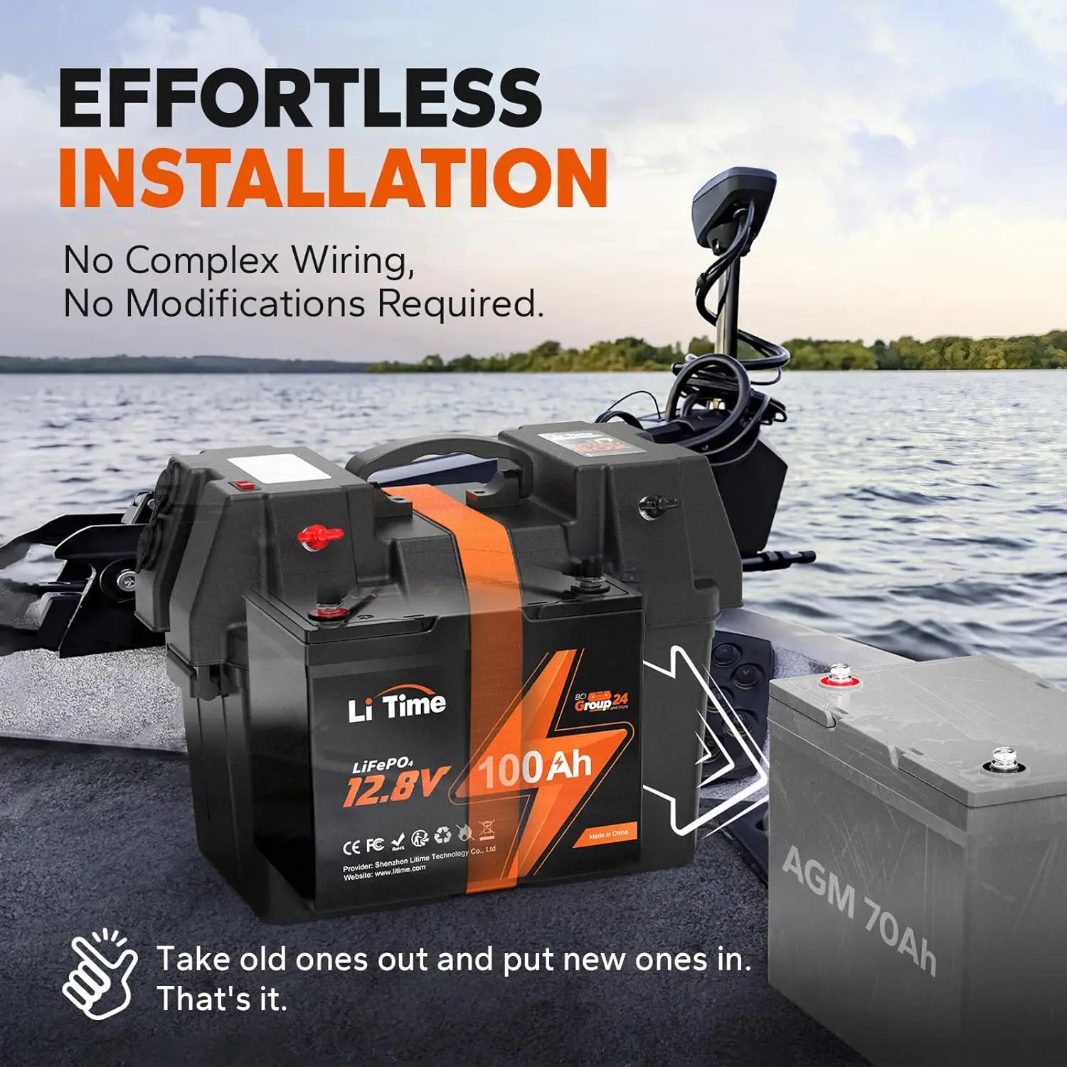 12V 100Ah BCI Group 24 LiFePO4 Battery 100A BMS Rechargeable Lithium Battery with Up to 15000 Cycles 1.28kWh-Higher Energy