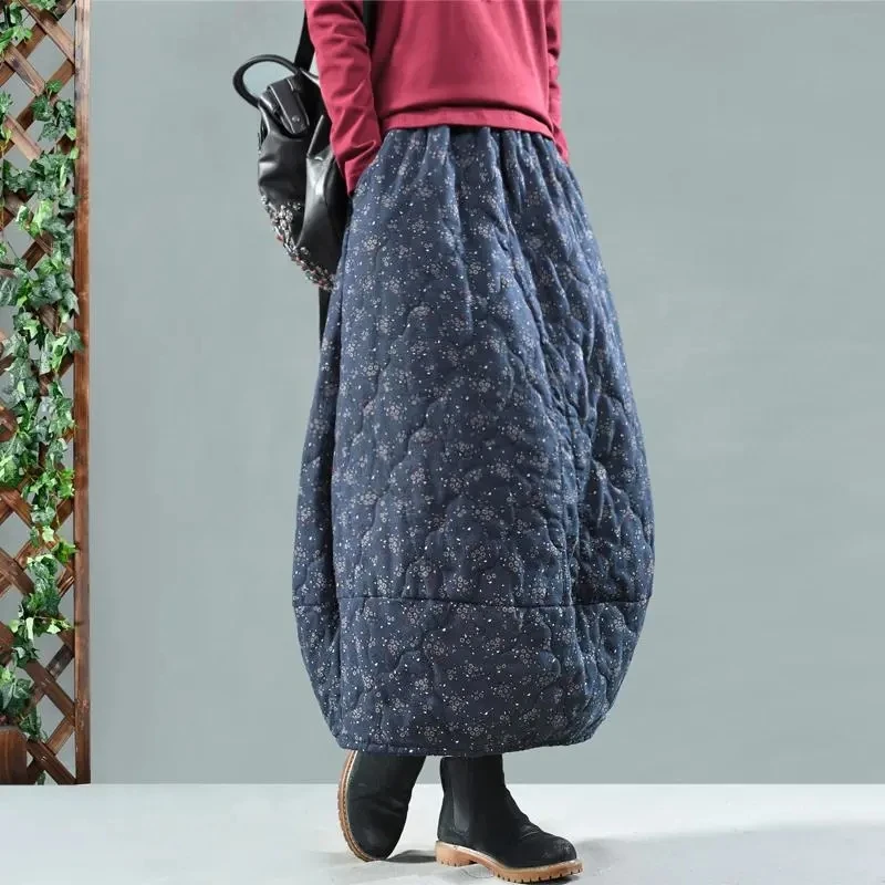 

2024 Spring Vintage Thickening Printing Cotton Skirt Women Autumn Winter Elastic High Waist Pocket A-line Skirts Warm Skirt 159