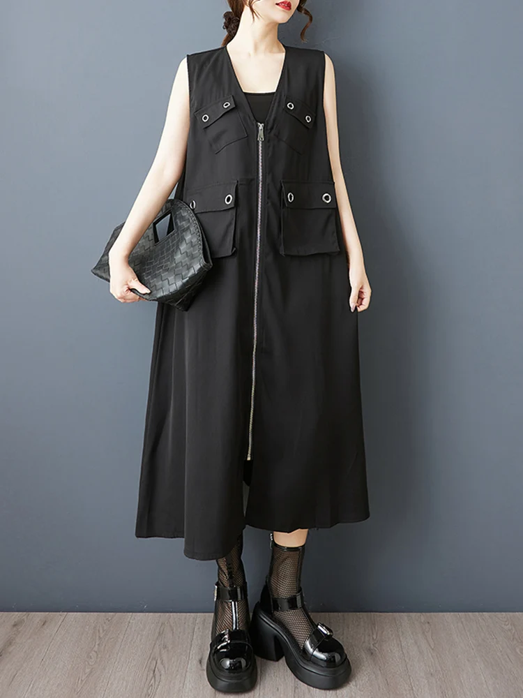 Zipper Pocket V-Neck Sleeveless Oversized Black Vintage Dresses For Women Summer New In Loose Casual Dress Elegant Clothing 2025
