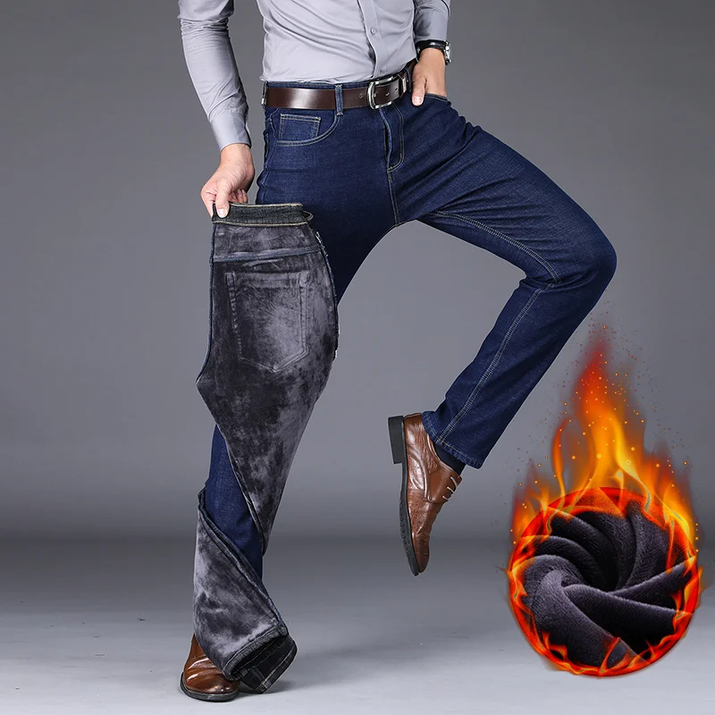 Men Jeans Winter Thicken Business Office Denim Trousers Stretch Casual Pants men jeans mens jeans jeans trousers denim trousers business jeans mens casual trousers
