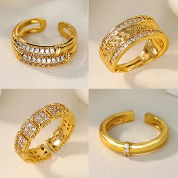 Fashion Pave Zirconia Rings for Women Gold Color Geometric Textured Wedding Ring Aesthetic Jewelry Christmas Gifts