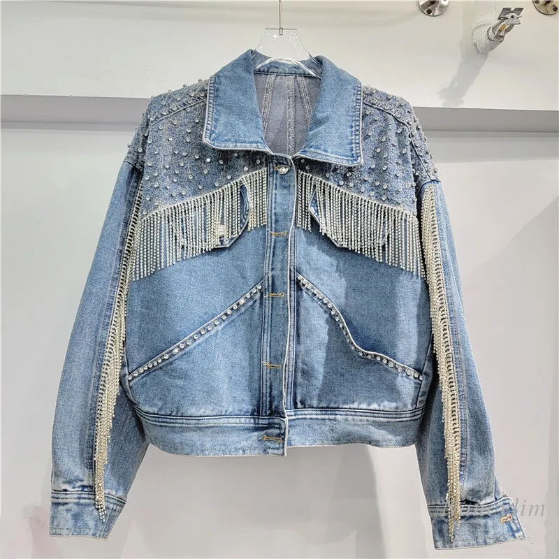 Heavy Industry Tassel Rhinestone Denim Coat for Women 2024 Spring Trendy New Loose Slimming Exquisite Rhinestone Jean Jacket