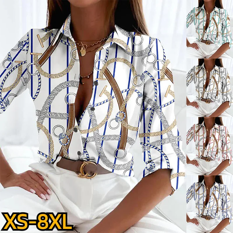 

Sexy V-neck Blouse Elegant Women Button Long Sleeve Winter Ladies Fashion Clothes Vintage Shirt Autumn New Design Printing Top