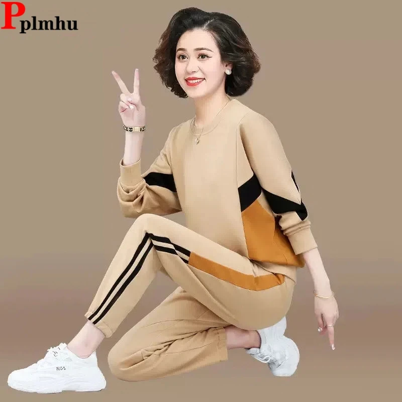 

Casual Sweatshirts Two Piece Sets Patchwork Pullover Tops Tracksuit High Waist Ankle-Length Harem Pant Suits New Jogger Outfits
