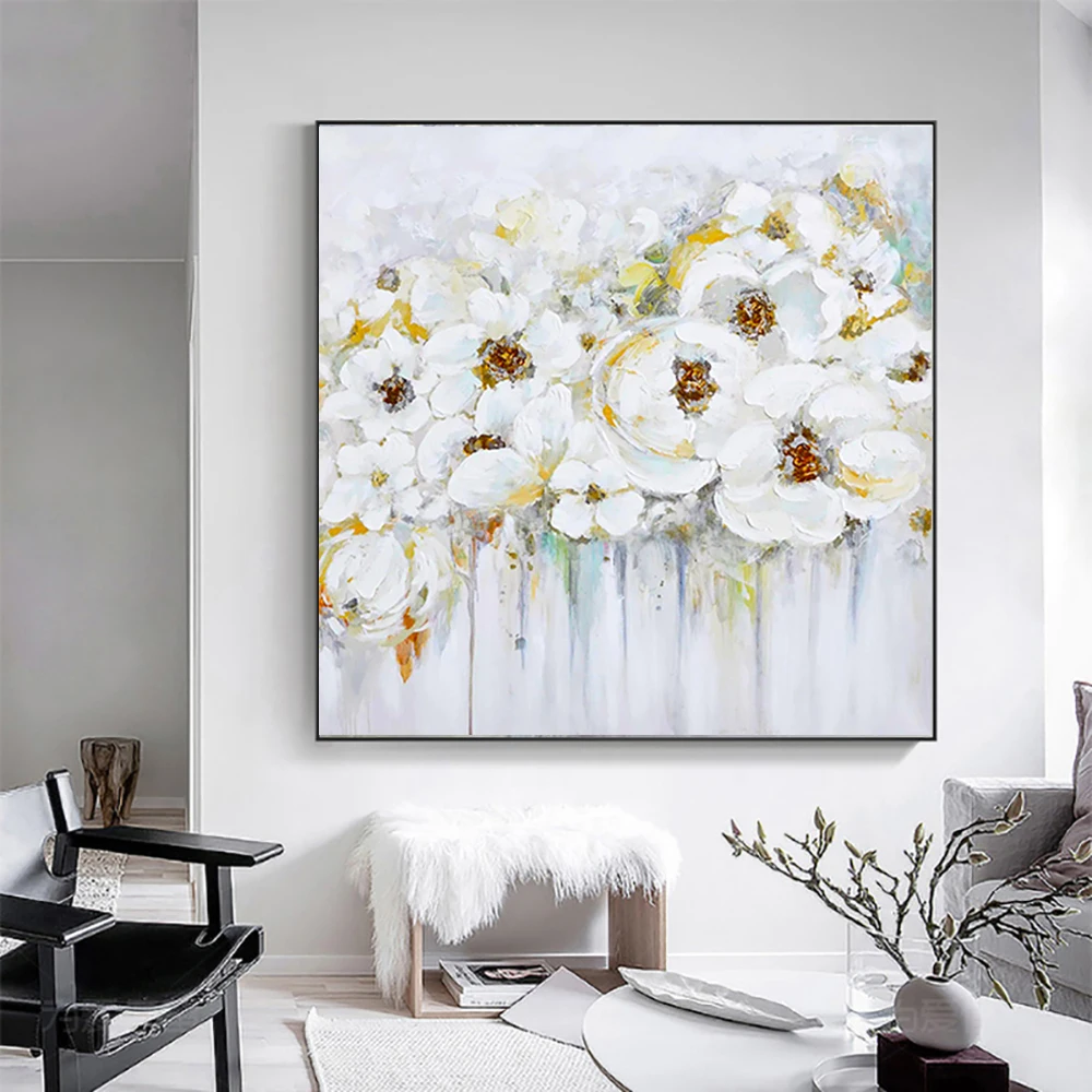 

Hand Painted 3D White Flower Painting, Modern Abstract Oil Painting, Knife Flower Oil Painting for Wedding, Home Wall Decoration