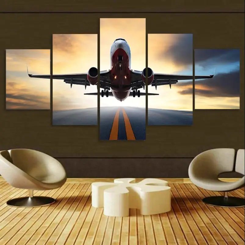 

Airplane Sunset Backlight Jet Helicopter 5Pcs Wall Art Canvas Poster Paintings Living Room Home Decor Picture Decoration