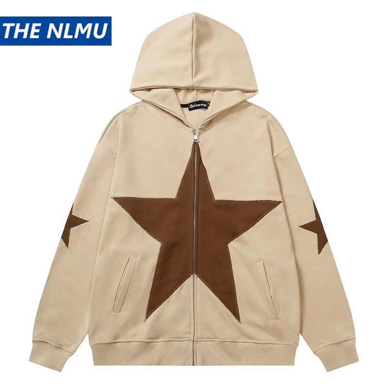 

Hip Hop Zip Up Hoodie Jacket Y2K Star Patchwork Zipper Hooded Coat 2023 Spring Retro Casual Loose Sweatshirt Coat