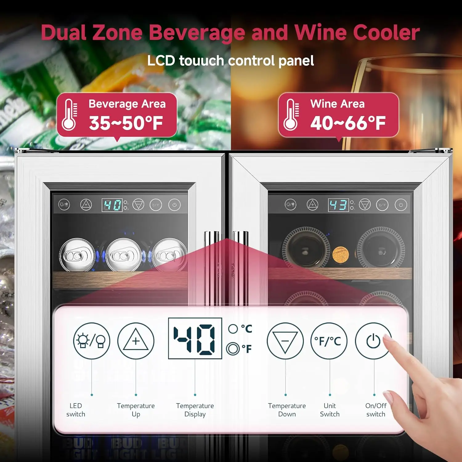 Beverage Refrigerator, Dual Zone Wine Cooler with Glass Door, Hold 88 Cans & 21 Bottles, Built in or Freestanding Under Counter 2