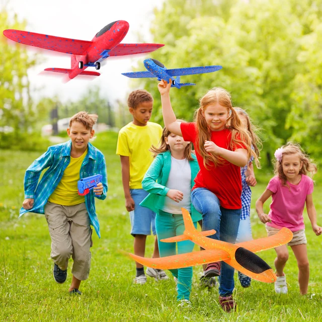 Airplane Launcher Toy, Foam Throwing Glider Plane with Catapult Gun, Outdoor Garden Interactive Shooting Game Birthday Present 2