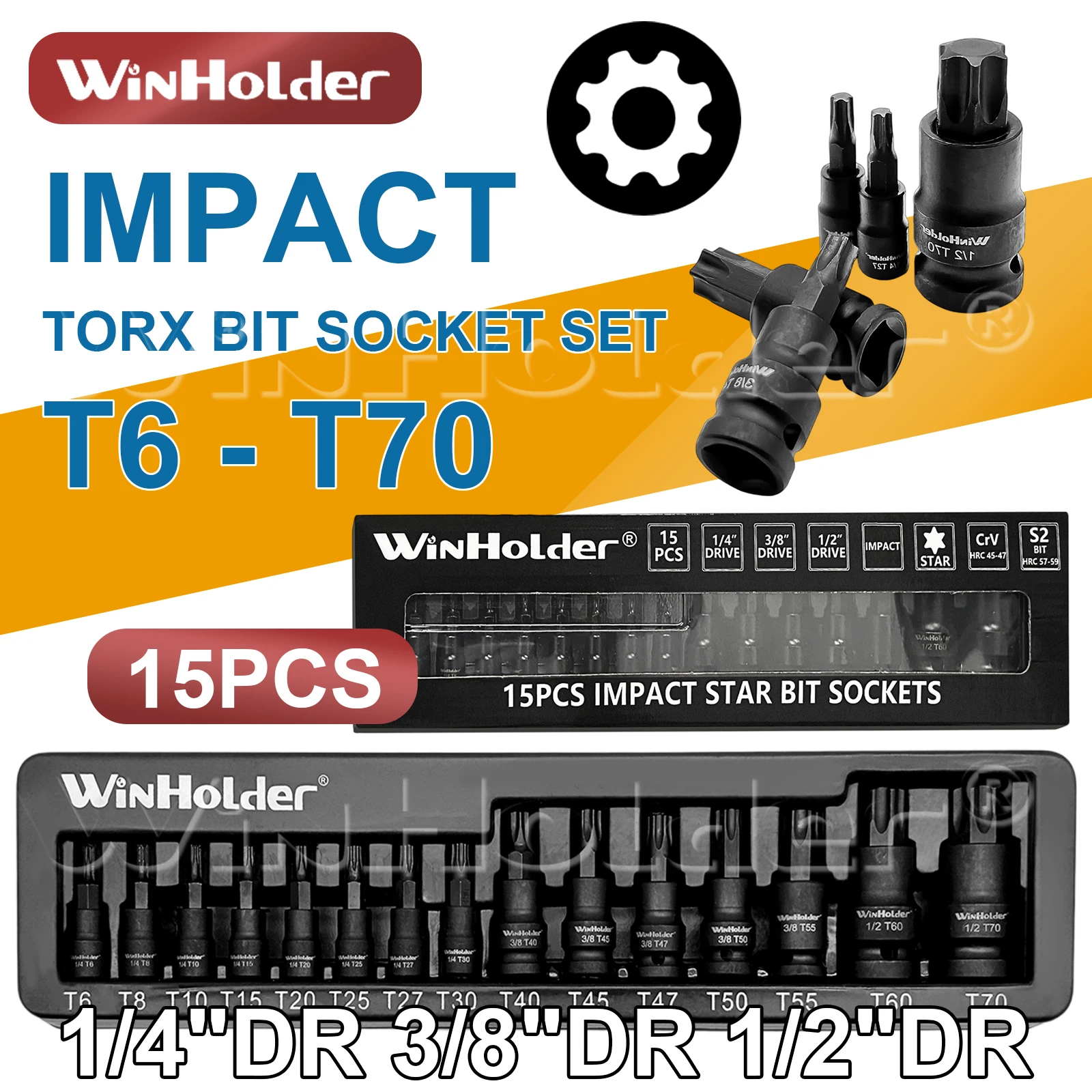 15pc Impact Torx Star Bit Socket Set 1/4 3/8 1/2 Dr IndustrialT6 T8 T10, T15 T20 T25 T27 T30 T40, T45, T47, T50 T55 T60 and T70