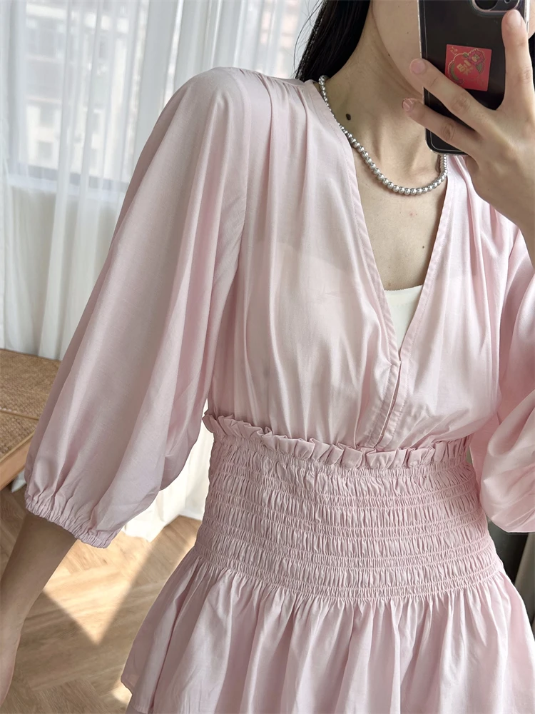 

"Afternoon Garden" light pink French design sense V-neck pleated waist gentle cake skirt hem women's dress