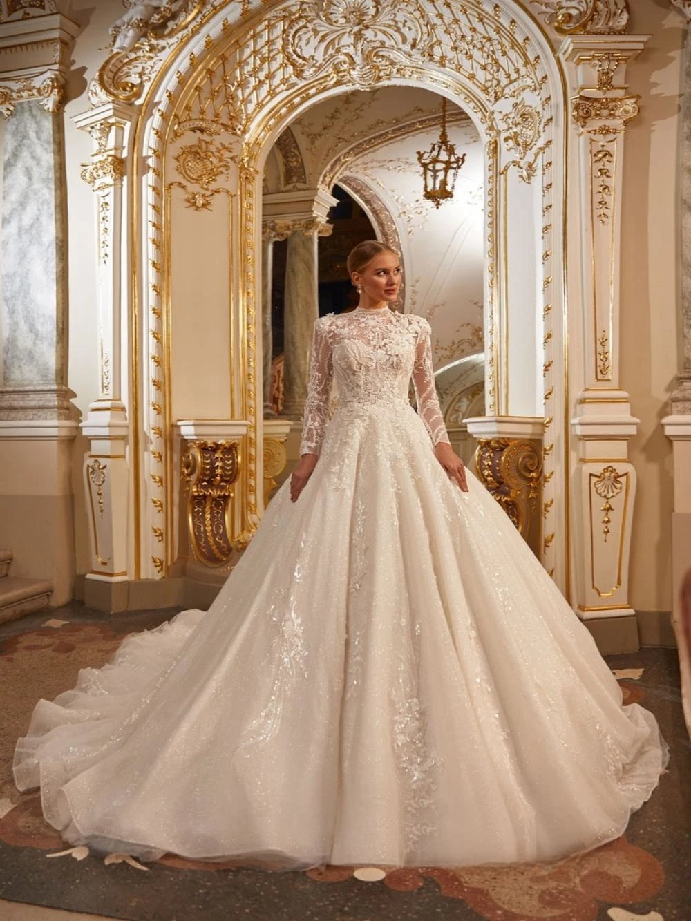 Modest High Collar Long Sleeve Wedding Dress Sparkly Sequins Beads Dress For Bride Luxury Bridal Gown Customized Robe De Mariée 6