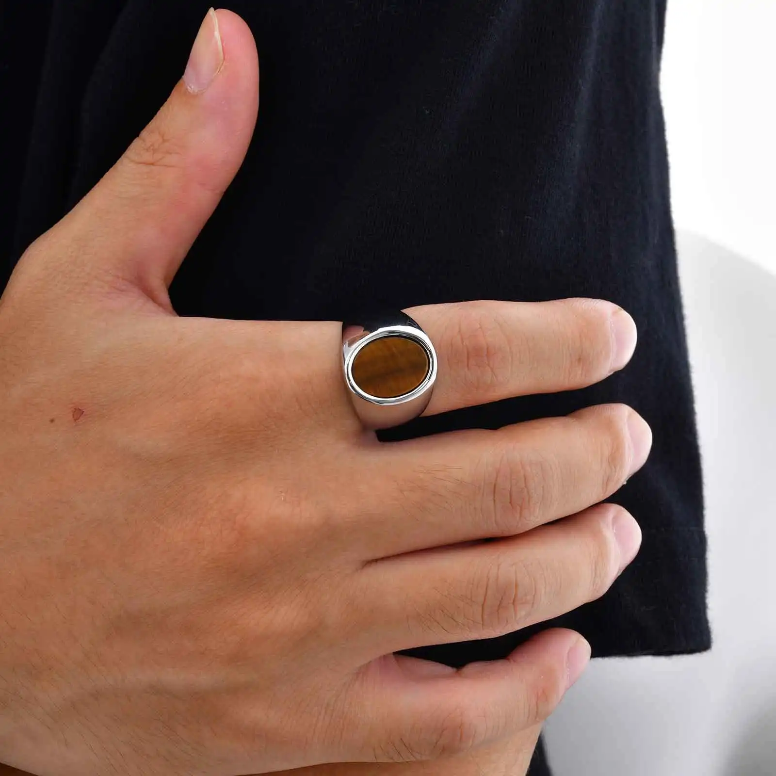 Hochwertiger runder klobiger Naturstein-Ring, modischer Siegelring aus Edelstahl mit blauem Stein für Männer, wasserdichter klassischer Schmuck – Detail 4