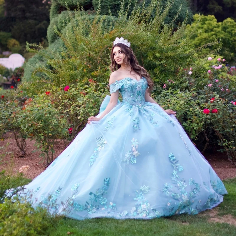 

Sky Blue Sweetheart Sweet 16 Quinceanera Dress 2024 Sparkly Lace Appliques 3D Flowers Princess Ball Gown Vestidos De 15 Años