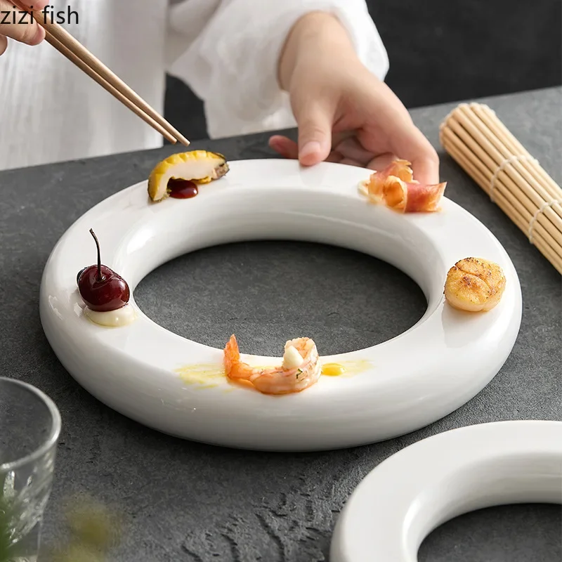 Pure White Ceramic Doughnut Dinner Plate Afternoon Tea Dim Sum Sushi Plate Dessert Snack Restaurant Specialty Tableware