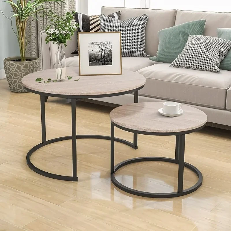 

2-piece industrial circular coffee table set for living room coffee table, stackable side table, sturdy and easy to assemble