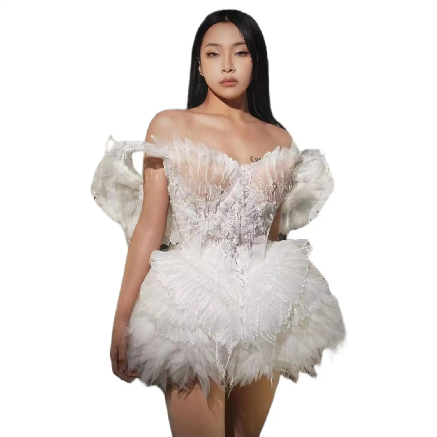 Sexy Evening Celebrate Wedding Birthday Dress Women Dance Costume Elegant White Wings Off Shoulder Bandage Backless Short Dress
