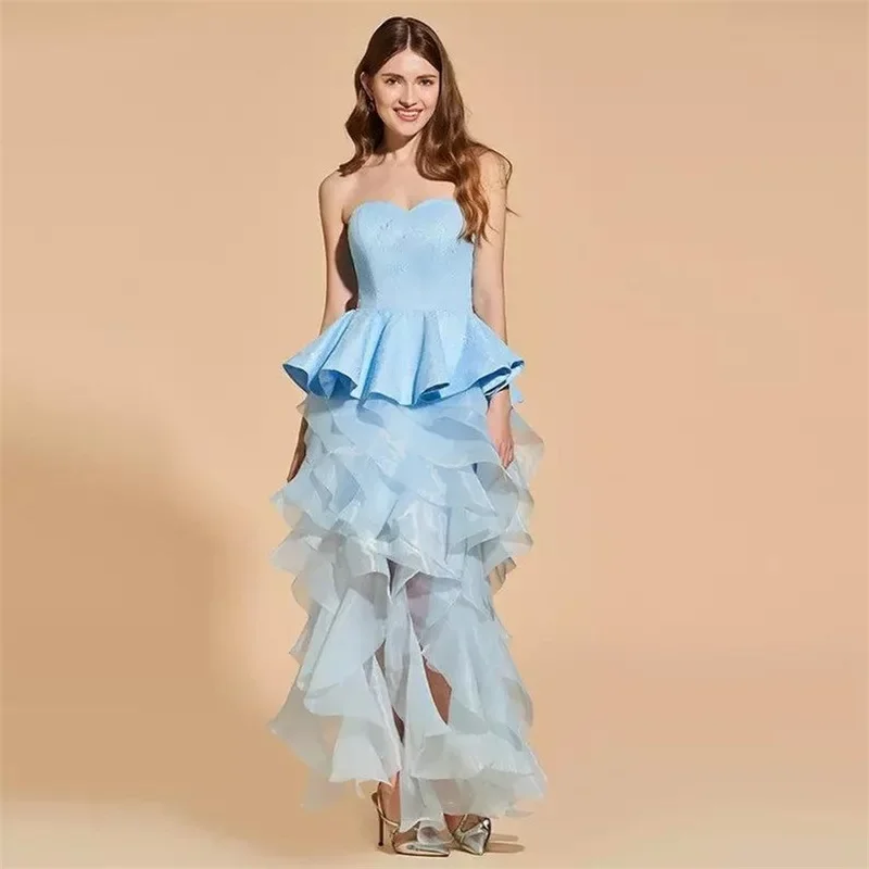 

Sky Blue Prom Dress Off Shoulder Ruffles Sleeveless Evening Dress Custom Made Ankle Length Party Dress