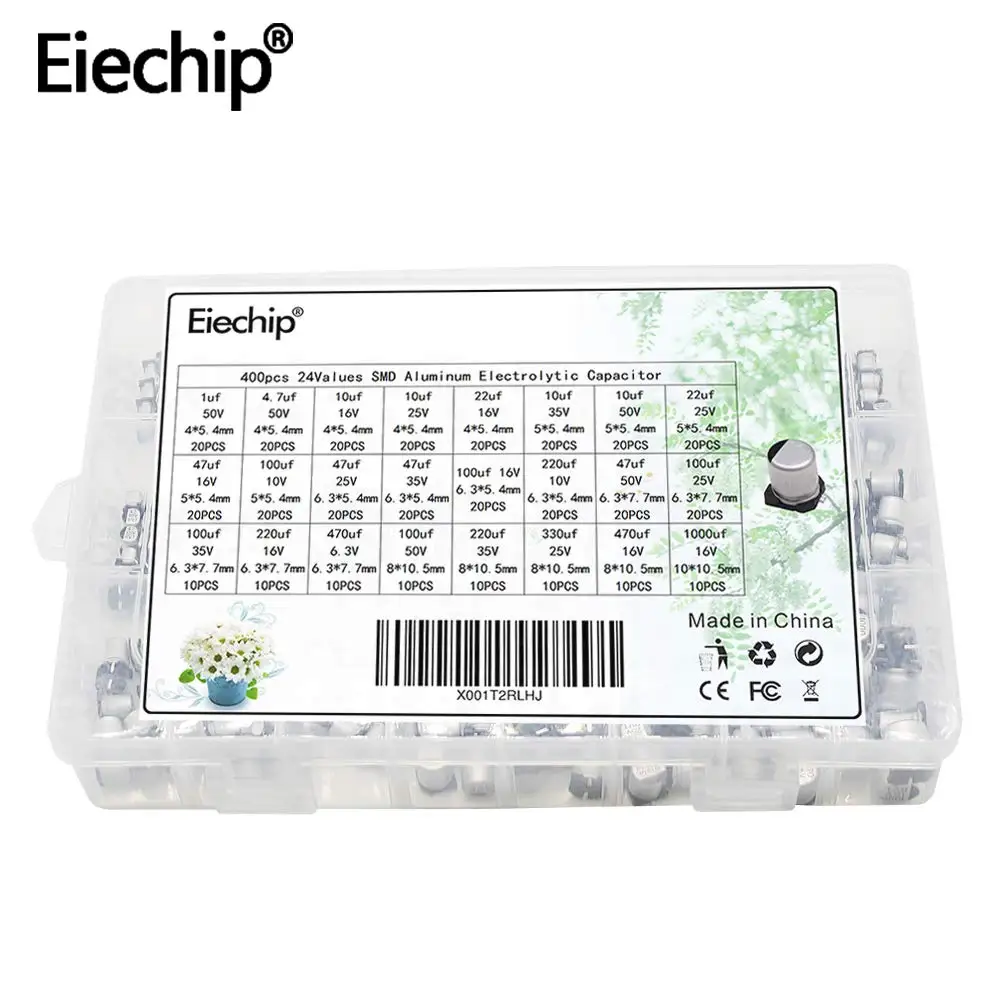 

Eiechip 400pcs/lot 1uF-1000uF 24 Values Assorted Kit Electrolytic Capacitor SMD Aluminum