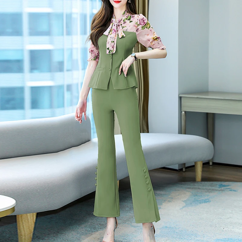 

Женский офисный комплект из 2 предметов, Тонкий Блейзер с принтом в стиле пэчворк на шнуровке и с бантом на шее и Облегающие расклешенные брюки, летняя одежда