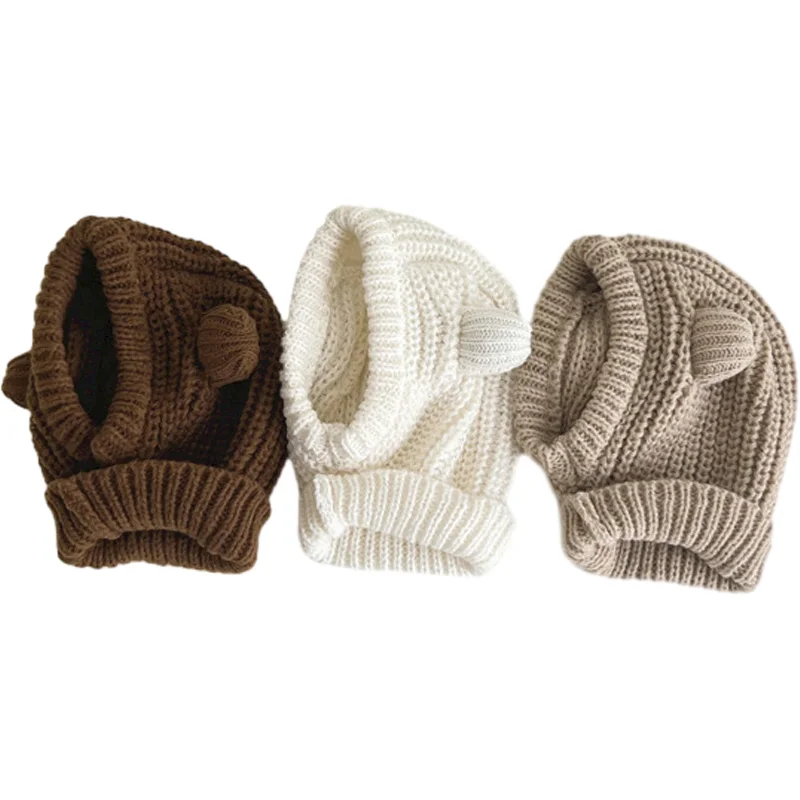 

Korean Children Bonnet Cartoon Bear Ear Winter Knitted Hat for Boy Girl Solid Color Ear Warmer One-Piece Beanie Kids Accessories