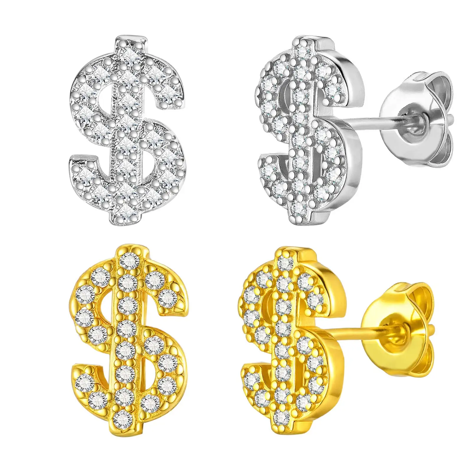 Ohrstecker mit Dollarzeichen für Männer und Jungen, Ohrringe aus Edelstahl mit Iced Out-Zirkon, Hip-Hop-Rap, coole Schmuckgeschenke