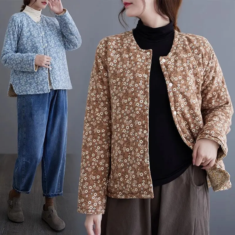 

Свободная Повседневная хлопковая куртка с Боковым Разрезом и цветочным рисунком, модное женское короткое пальто в универсальном стиле, модель Z4307