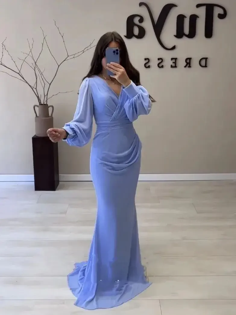 

Elegant Arabic Evening Dress Long Puffy Sleeves Chiffon Mermaid V-Neck Blue Celebrity Prom Party Gown فساتين سهره فاخره 2024