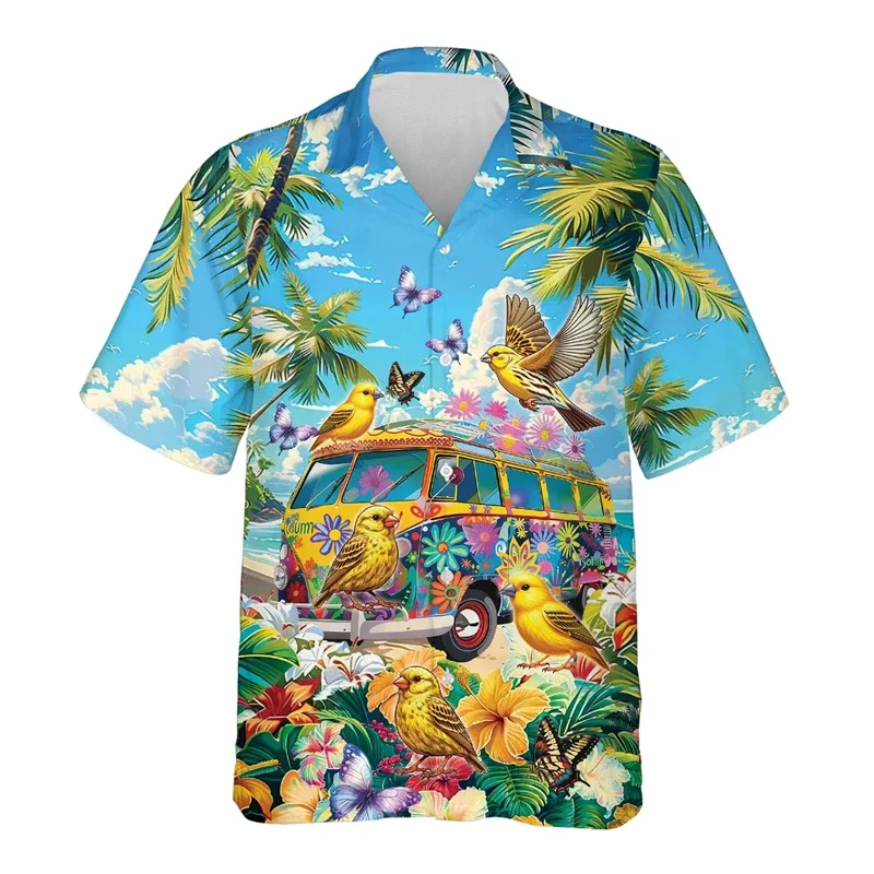thumbnail image 1 of Camisa hawaiana con estampado 3D de pájaro y autobús para hombre, blusa gráfica hippie hawaiana, blusas de verano con botones de solapa para vacaciones, camisas de playa, 1 of 5
