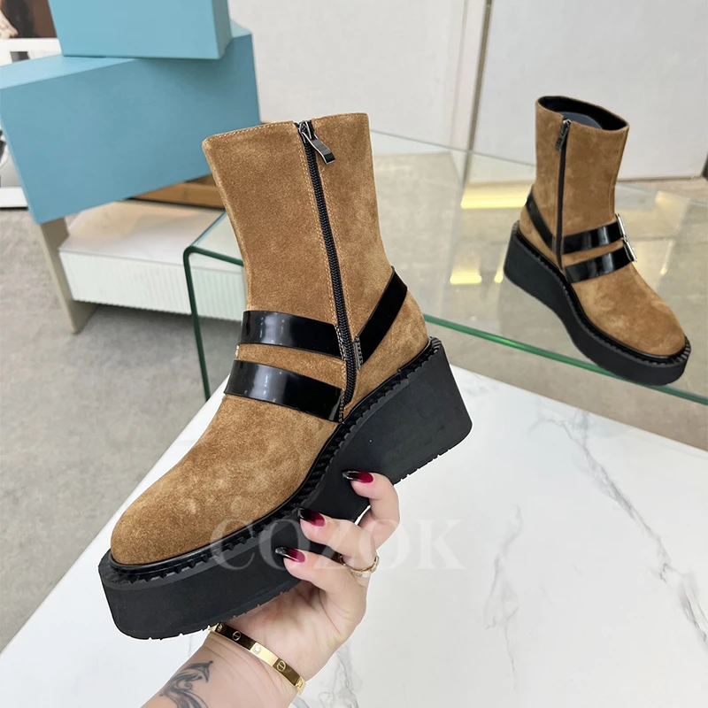 

Fashion Female Anke Boots 2023 Autumn New Unique Upper Design Non-slip Platform Short Boots Round Head Thick Bottom Ladies Shoes