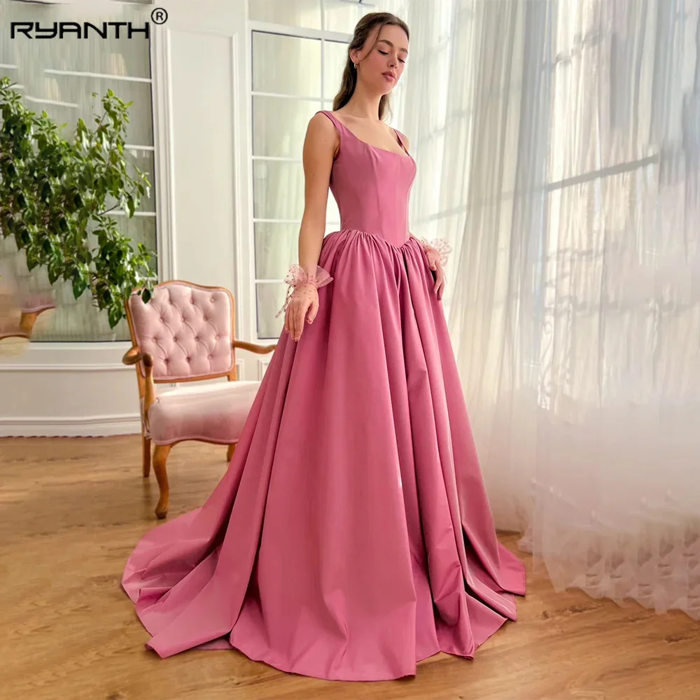 

Ryanth Pink Taffeta A-Line Long Prom Dresses Sleeveless Pleat Graduation Party Dress High Side Slit Evening Gowns for Women