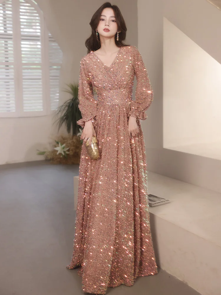 ball gown Long Sleeve Evening Dresses Elegant V-Neck A-Line Floor-Length Sparkly Sequin Women Formal Gowns For Engagement Part evening gowns with sleeves Evening Dresses