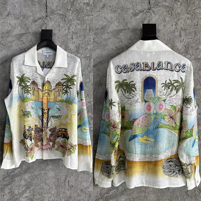 

GYM Silk Casablanca Shirts Men Women Long Sleeve Colorful Woodpecker Hawaii Beach Shirt