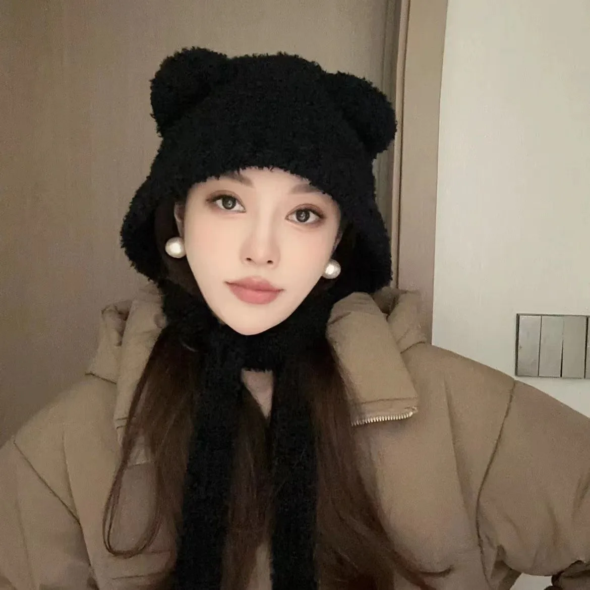 Korean Version INS Cute Bear Ears Warm Bomber Beanie Hat Lady Autumn and Winter Cute Windproof Face Small Earmuffs Knitted Cap