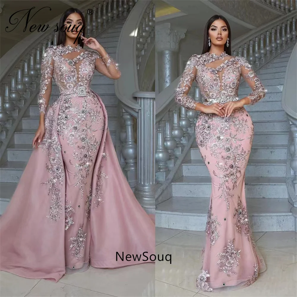 Sparkly Sliver Beads Evening Dresses With Detachable Skirt Muslim Long