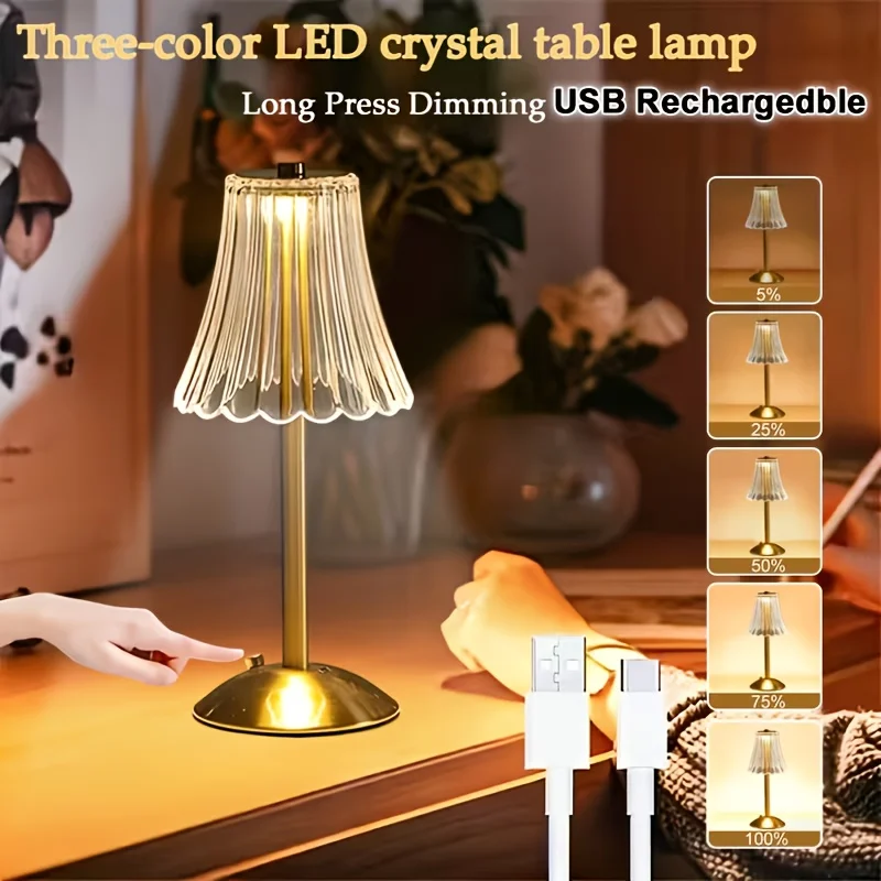 1/2pcs 크리스탈 무선 테이블 라이트 충전식 황금 레트로 LED 테이블 램프 침실 거실 용 3 색 LED 터치 라이트