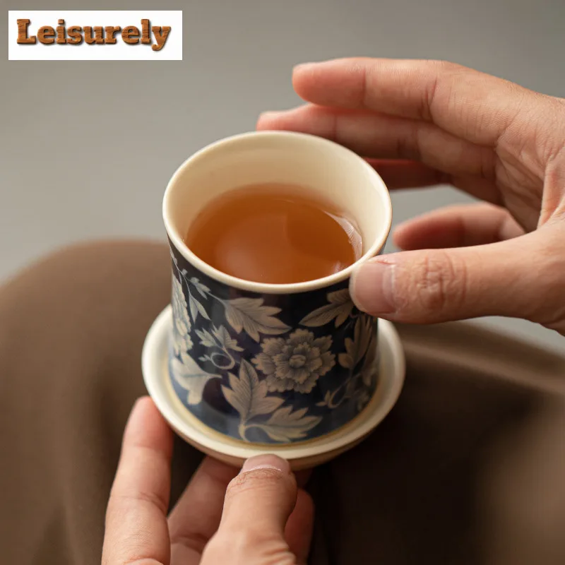 Soda Glazed Yuan Blue and White Ceramic Teacup Retro Tea Bowl Cute Cup Tea-tasting Smelling Cup Chazhan Master Cups Drinkware