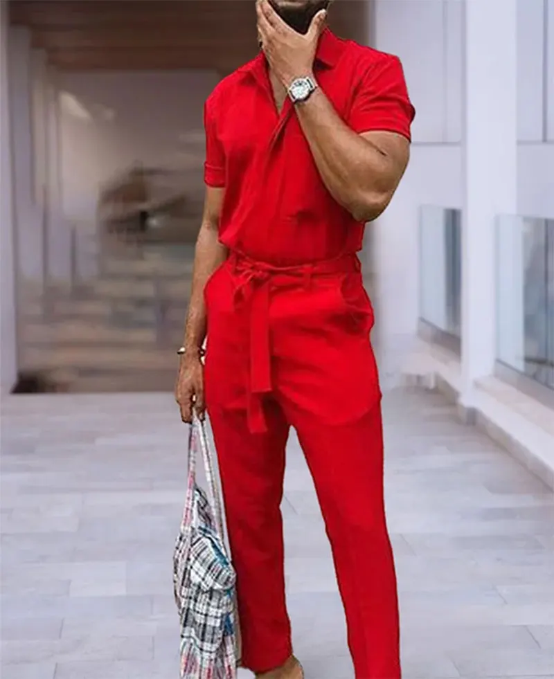 

Men's Shirt & Pants Set Casual Plain Short Sleeve Polo Shirt & Pants 2Pcs Set