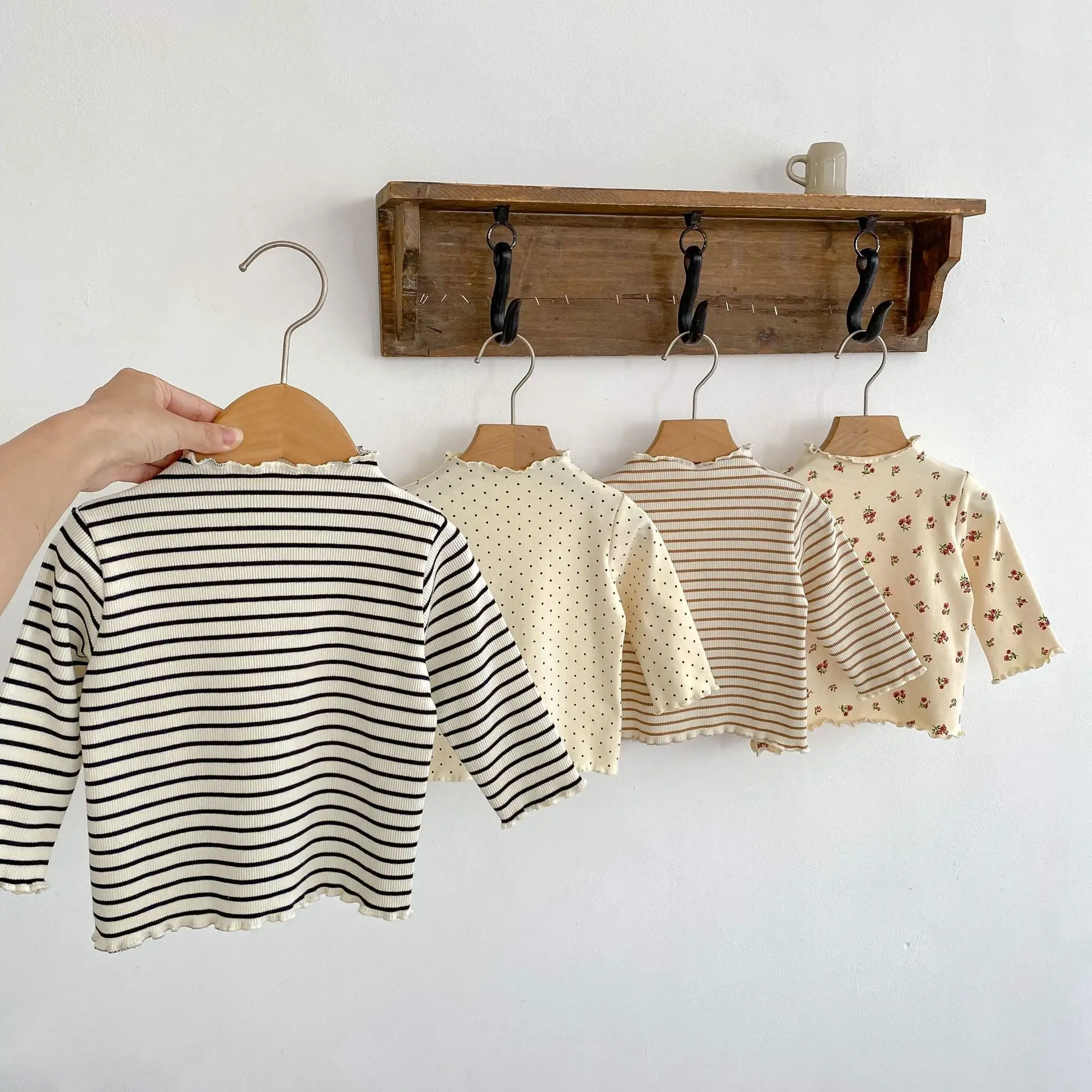 2023 New Baby Long Sleeve T Shirt Boys Girls Cotton Casual Tees Infant Ruffled Versatile Tops Kids Floral Striped Bottoming Tops