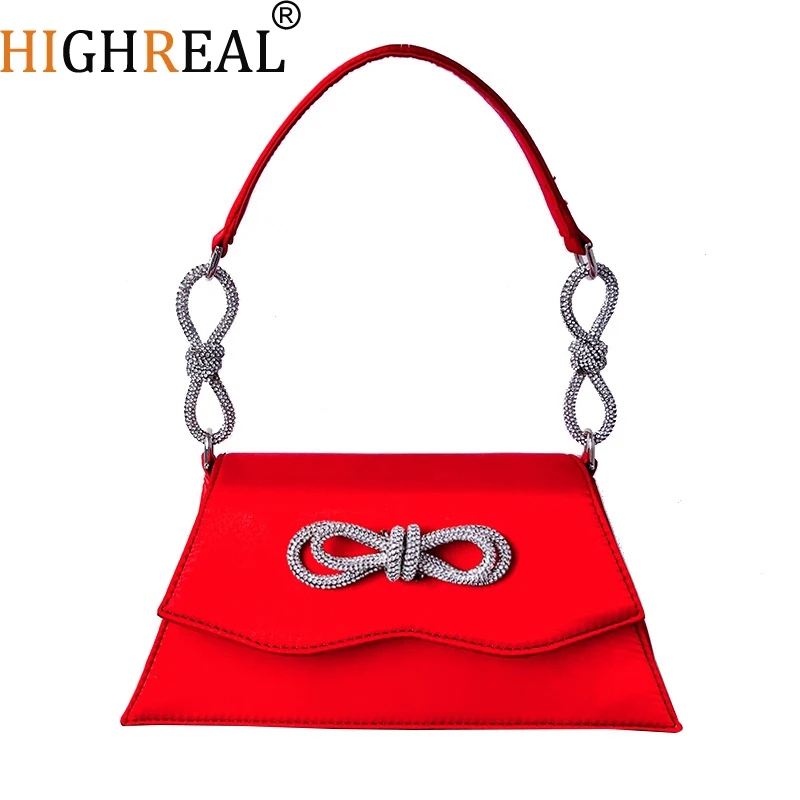 

HIGHREAL Luxury Designer Handbag for Women Ladies With Insert Pocket Satin Rhinestones Purses Bows Evening Shoulder Tote Bags