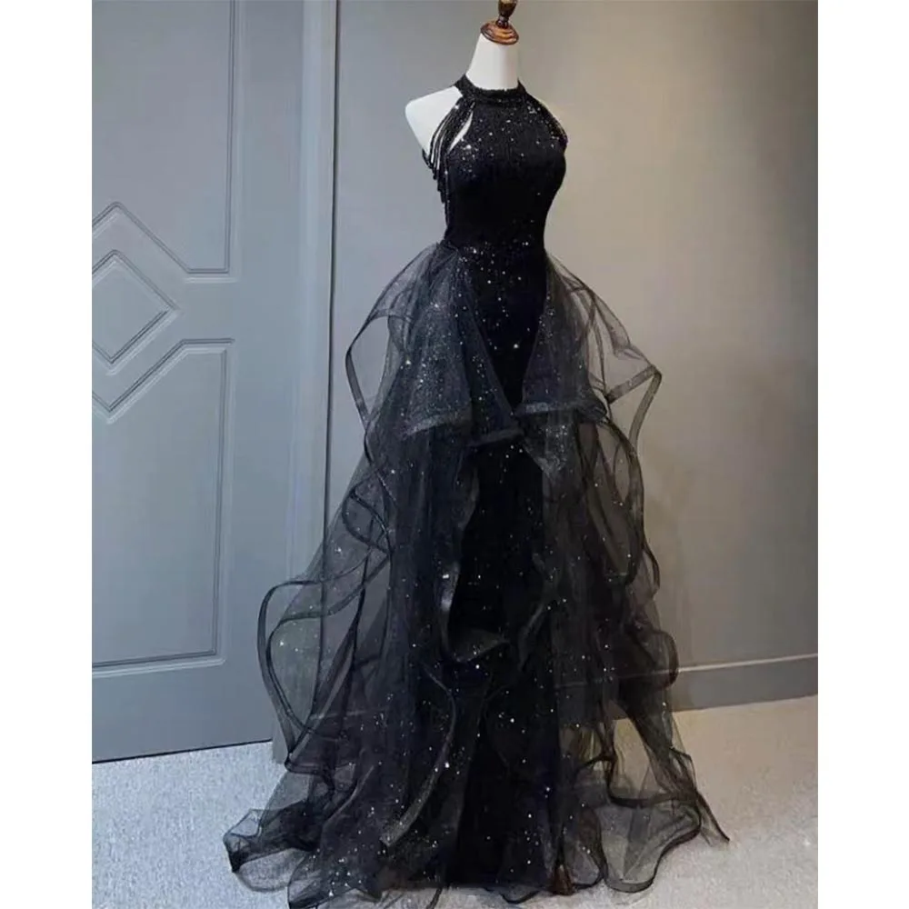 

Elegant Black Sequined Evening Dress Fashion Halter Sleeveless Pleat Ruched A-Line Gowns Classic Floor Length Women Prom Dress