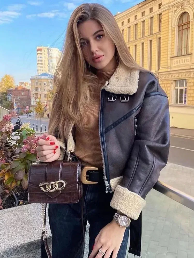 

Зимняя модная утепленная куртка HH TRAF с длинным рукавом для женщин, Укороченное пальто на молнии с поясом и лацканами, Женская флисовая верхняя одежда из искусственной кожи