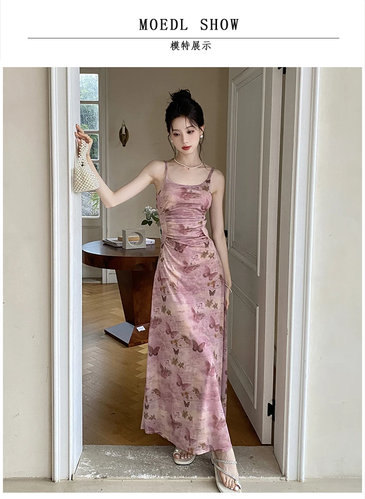 Sexy Printed Long Dresses for Women Mesh Spaghetti Strap Slim A-line Party Dress Summer Korean Fashion One Piece Vestido Mujer