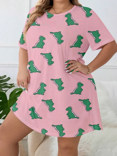 Home dress casual dress cartoon dinosaur dress plus size dress milk silk  material 2024 new pajama dress - AliExpress