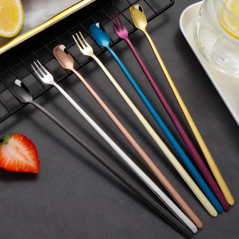 Stainless Steel Long Handle Bar Spoon Bartender Cocktail Stir Rod Gold Drinks Honey Mixing Spoons Fork Kitchen Accessories cocktail spoon