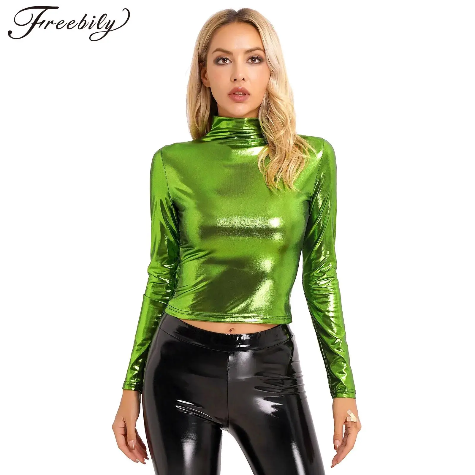 

Женская металлическая футболка с длинным рукавом, блестящий топ, модные облегающие топы с ложным воротником, танцевальный женский костюм для коктейльного клуба, музыкального фестиваля